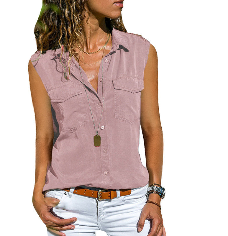 Ladies Top Lapel Solid Color Sleeveless Shirt. Shirt,Shoulders,Sleeveless,top