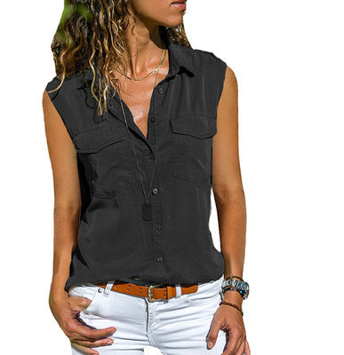 Ladies Top Lapel Solid Color Sleeveless Shirt. Shirt,Shoulders,Sleeveless,top