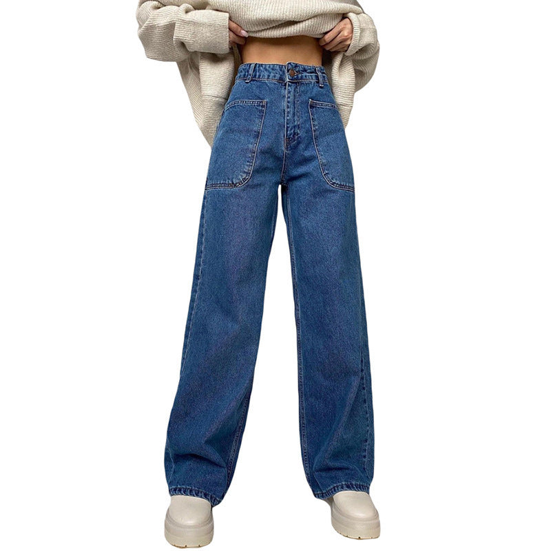 High Waist Bag Hip Wide Patch-Pocket Straight-Leg Jeans.