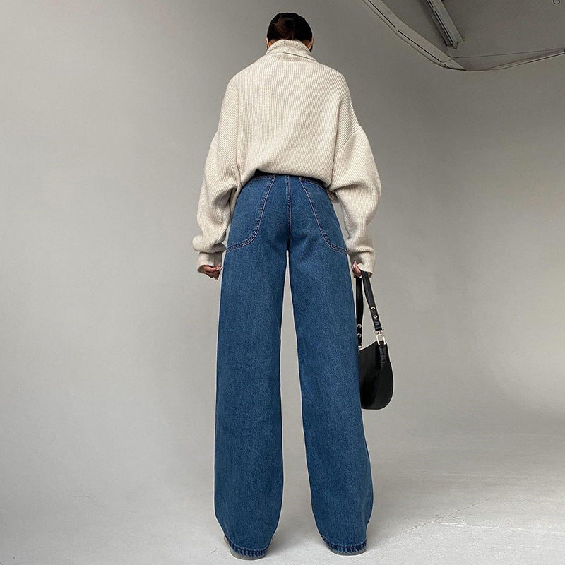 High Waist Bag Hip Wide Patch-Pocket Straight-Leg Jeans.