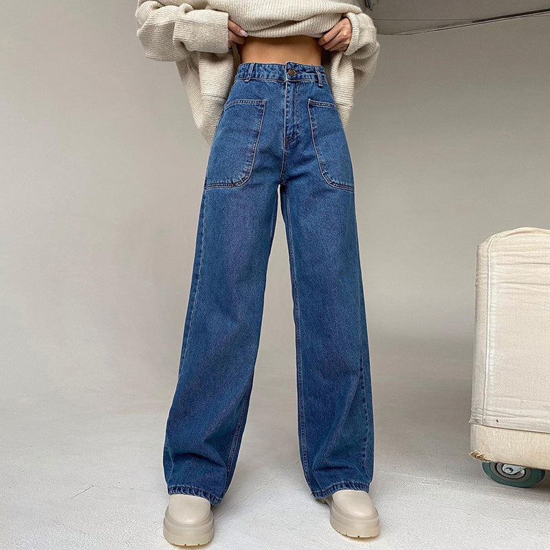 High Waist Bag Hip Wide Patch-Pocket Straight-Leg Jeans.