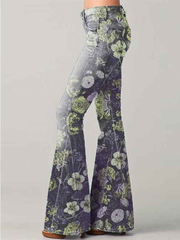 Fashion Gradient Floral Print Denim Flared Pants