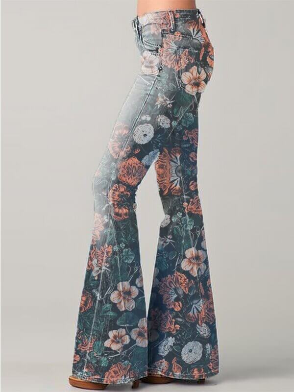 Fashion Gradient Floral Print Denim Flared Pants