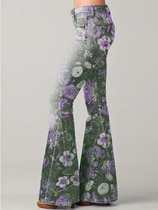 Fashion Gradient Floral Print Denim Flared Pants