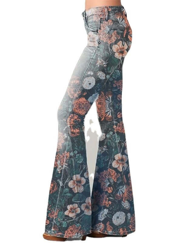 Fashion Gradient Floral Print Denim Flared Pants