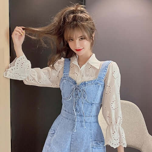 Wide Leg Denim Jumpsuit Loose Overalls Shorts. Cotton,Denim,Jumpsuit