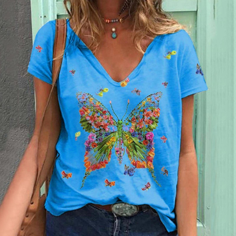 Women's Loose V Neck Short Sleeved Butterfly Print Top. Printed,top,V-Neck