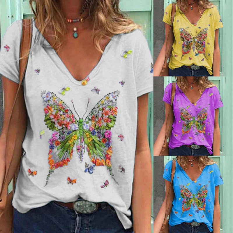 Women's Loose V Neck Short Sleeved Butterfly Print Top. Printed,top,V-Neck