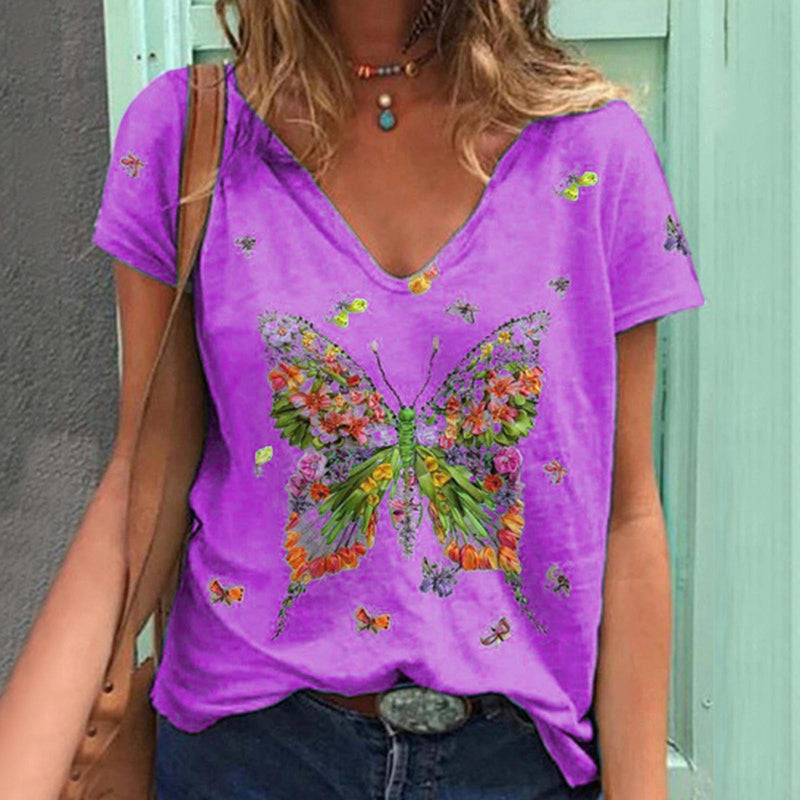 Women's Loose V Neck Short Sleeved Butterfly Print Top. Printed,top,V-Neck