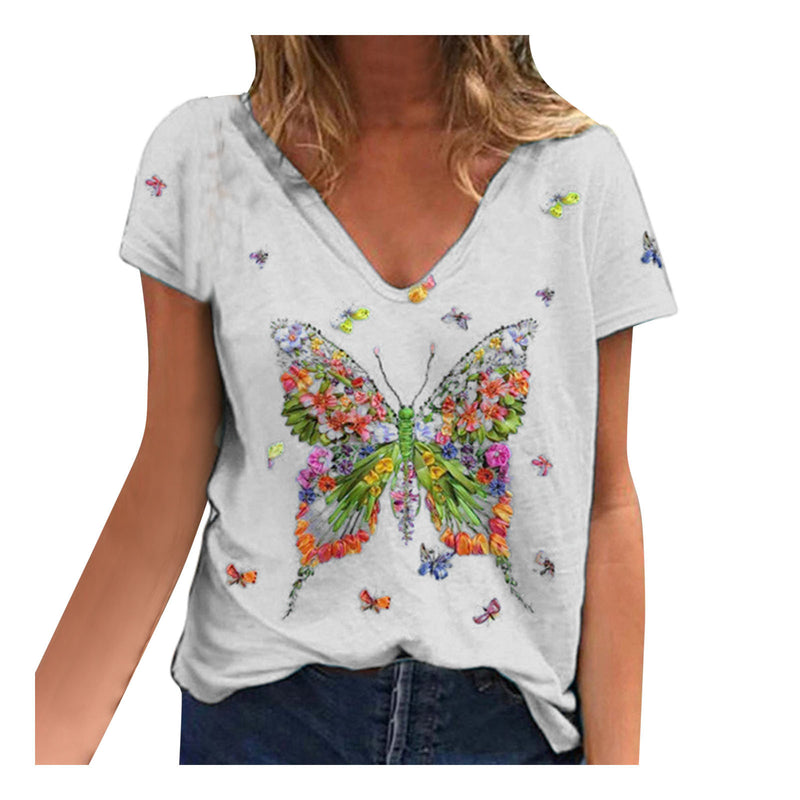 Women's Loose V Neck Short Sleeved Butterfly Print Top. Printed,top,V-Neck