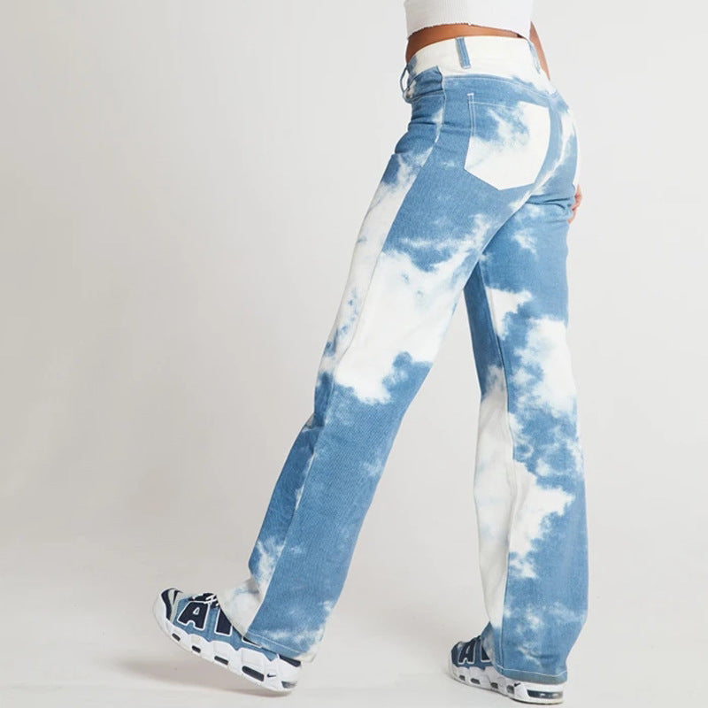 Tie Dye Print Straight Leg Jeans For Women.