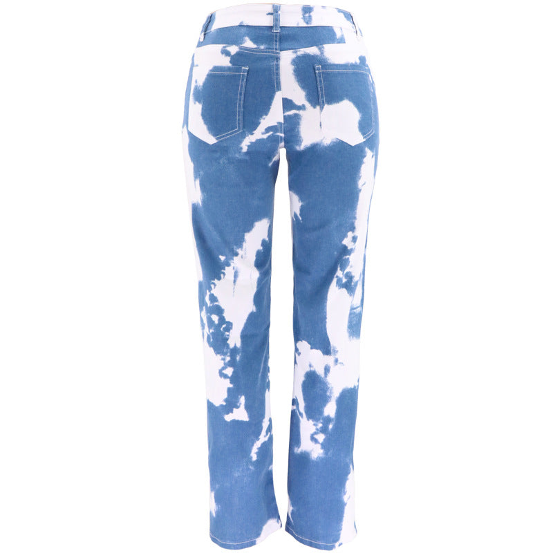 Tie Dye Print Straight Leg Jeans For Women.