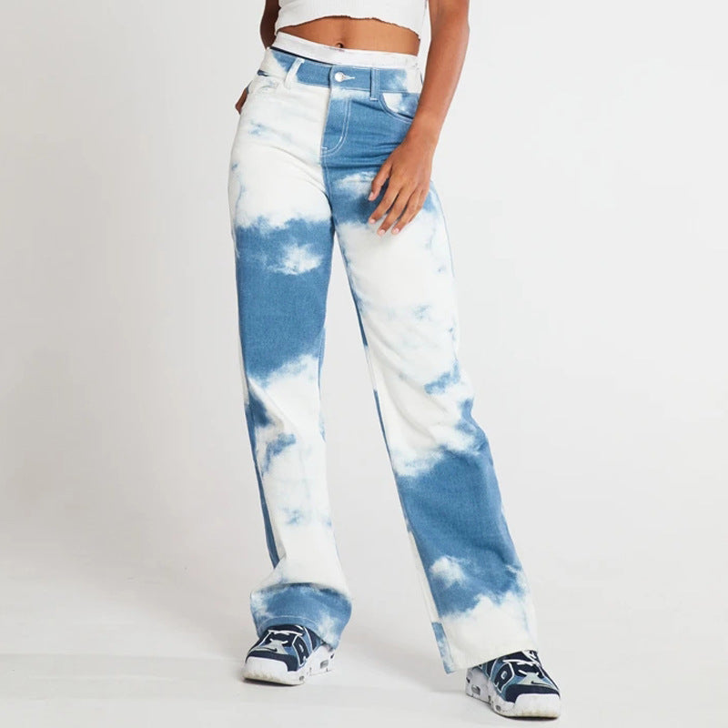 Tie Dye Print Straight Leg Jeans For Women.