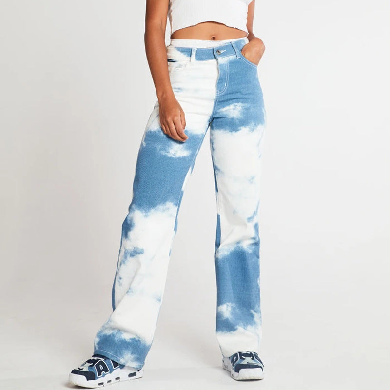 Tie Dye Print Straight Leg Jeans For Women.