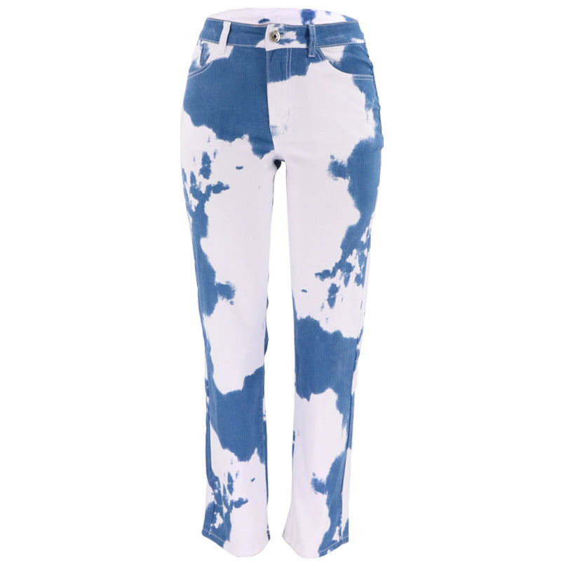 Tie Dye Print Straight Leg Jeans For Women.