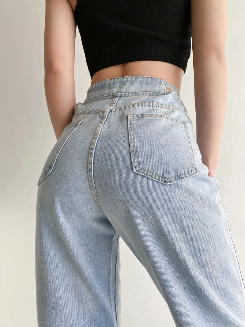 Women's Hollow-Waist Jeans - Loose Straight Wide-Leg.