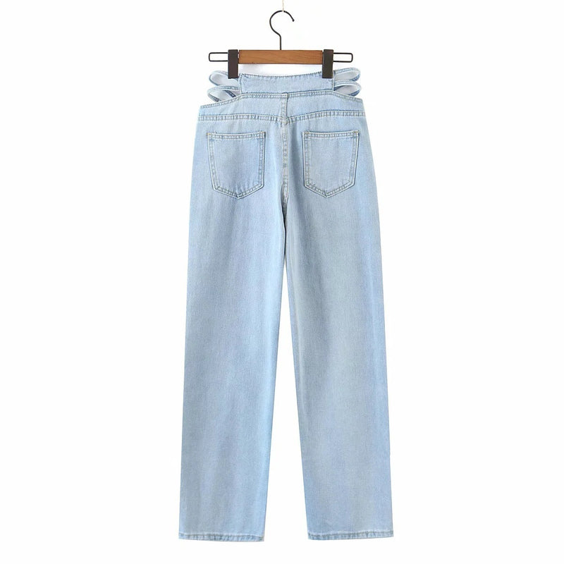 Women's Hollow-Waist Jeans - Loose Straight Wide-Leg.