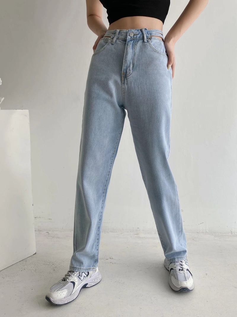 Women's Hollow-Waist Jeans - Loose Straight Wide-Leg.