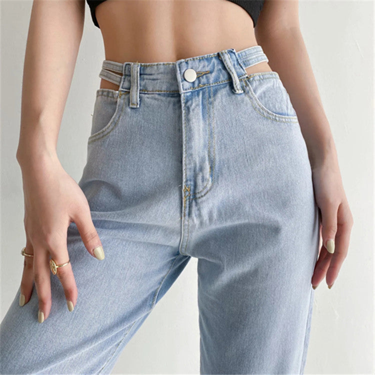 Women's Hollow-Waist Jeans - Loose Straight Wide-Leg.