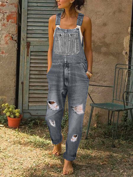 Jumpsuit Women's Fashion Denim Ripped Hole Cut Solid Color Overalls. Cotton,Denim,Jumpsuit