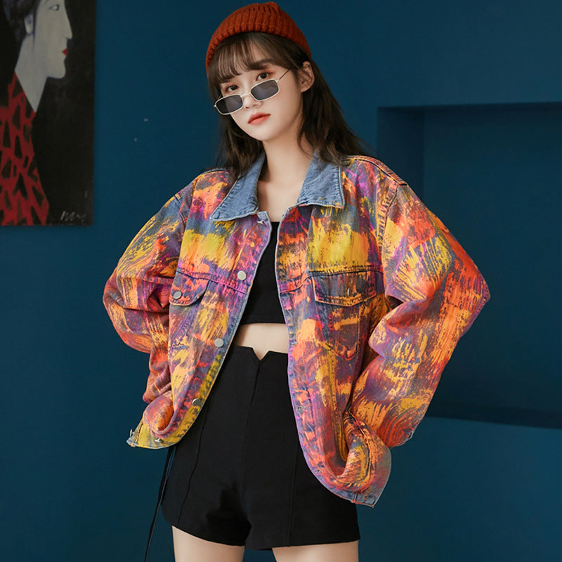 Graffiti Denim Jacket Women's Autumn New tie-dye Denim Loose Korean Jacket Gradient Top. Cotton,Denim,Jacket