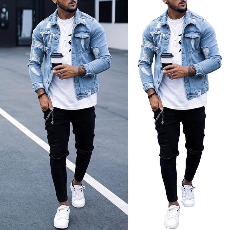 Lapel Men's Denim Jacket Ripped Irregular Washed. Denim,Jacket,ripped