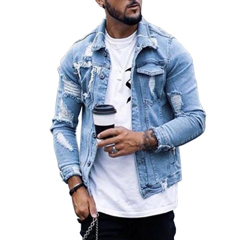 Lapel Men's Denim Jacket Ripped Irregular Washed. Denim,Jacket,ripped