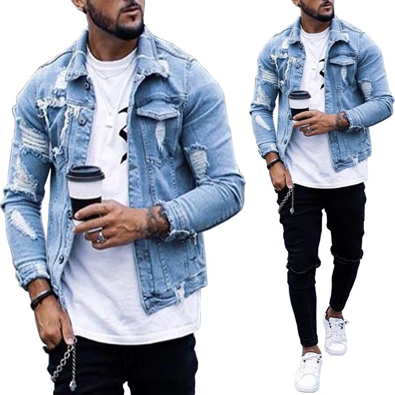 Lapel Men's Denim Jacket Ripped Irregular Washed. Denim,Jacket,ripped