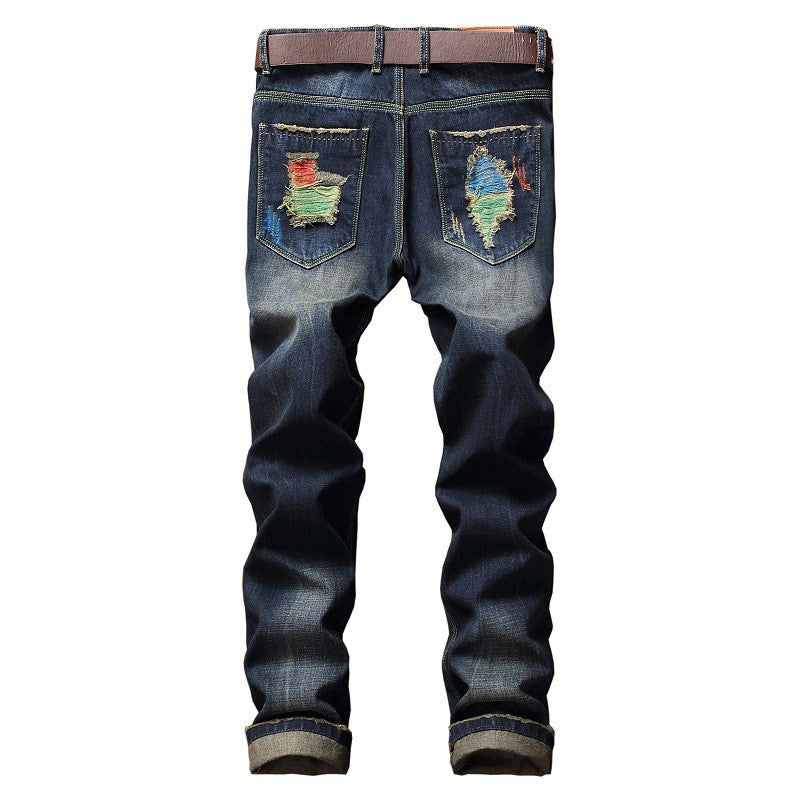 Personalized Brushed Men's Ripped Straight-Leg Jeans. Denim,Jeans,ripped,Straight