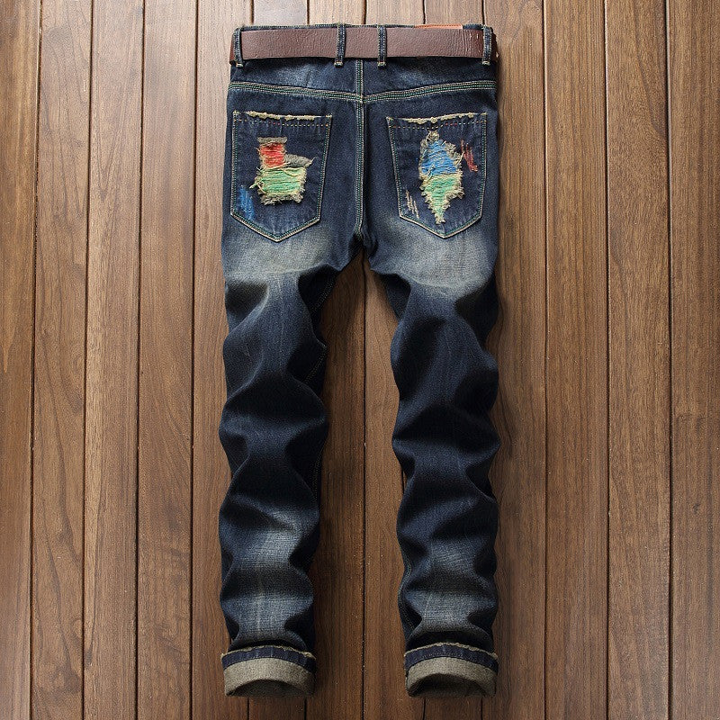 Personalized Brushed Men's Ripped Straight-Leg Jeans. Denim,Jeans,ripped,Straight