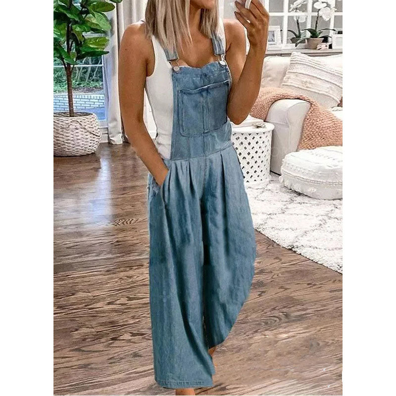 Thin Loose-Fitting Casual Jeans With Straps And Wide Legs.