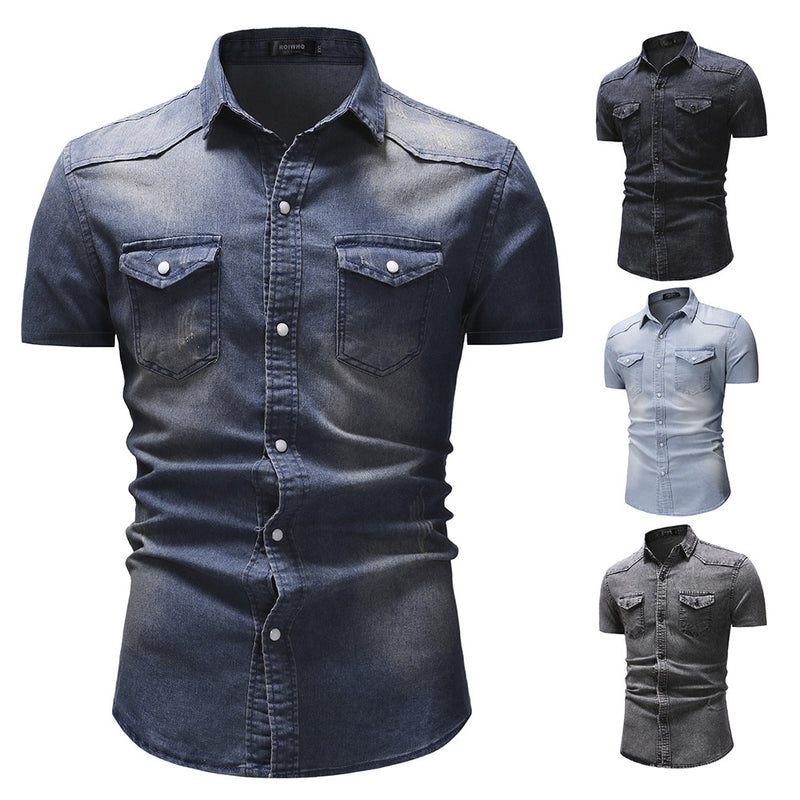 Denim Men'S European And American Denim Jacket Men'S Denim Short-Sleeved Shirt. Denim,Shirt,Short Sleeve