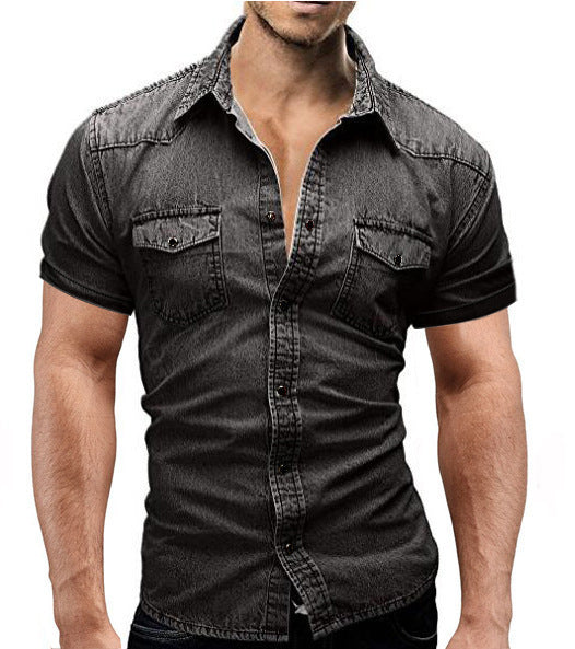 Men Denim Short-sleeved Slim Shirt.