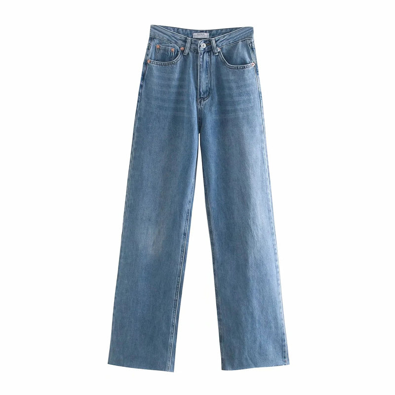 Blue High-Waisted Straight-Leg Jeans With Raw Edges. Jeans