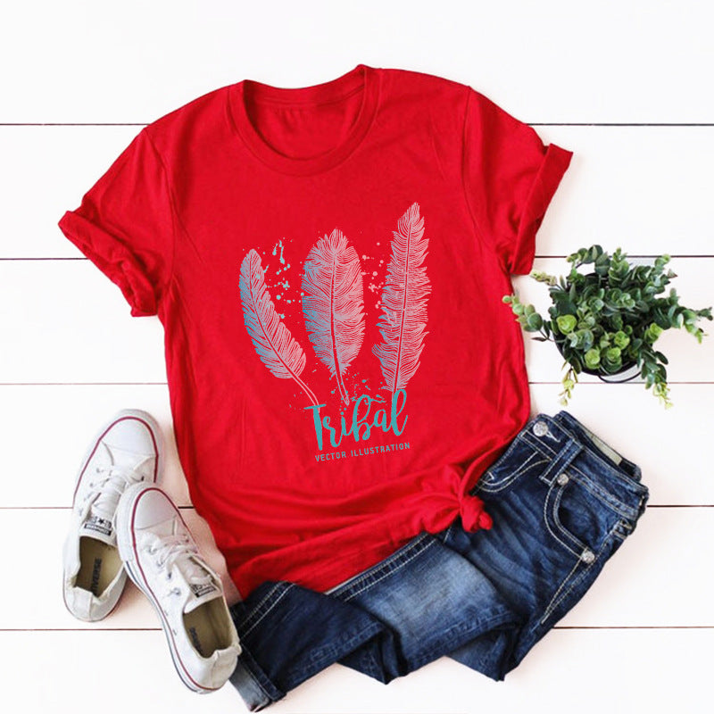 Women's Feather Cotton Round Neck Short-Sleeved T-Shirt. Round Neck,Short Sleeved,T-Shirt