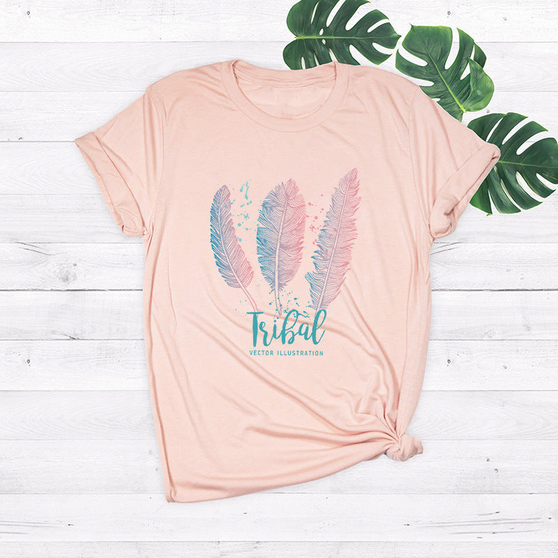 Women's Feather Cotton Round Neck Short-Sleeved T-Shirt. Round Neck,Short Sleeved,T-Shirt