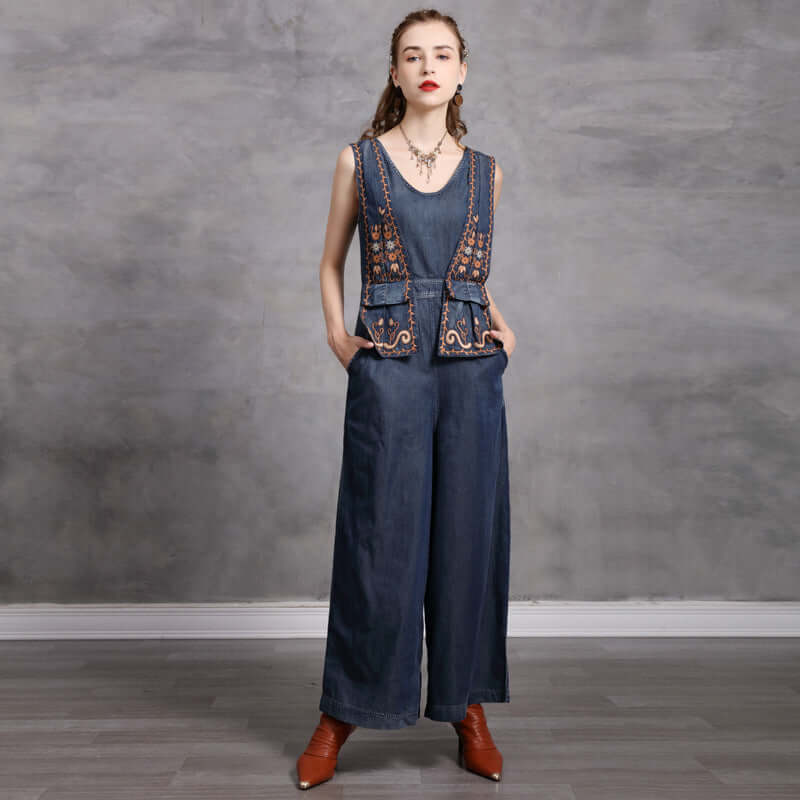 Personalized Women's Spring And Summer New Denim Trousers Retro Embroidery High Waist Jumpsuit. Cotton,Denim,Jumpsuit