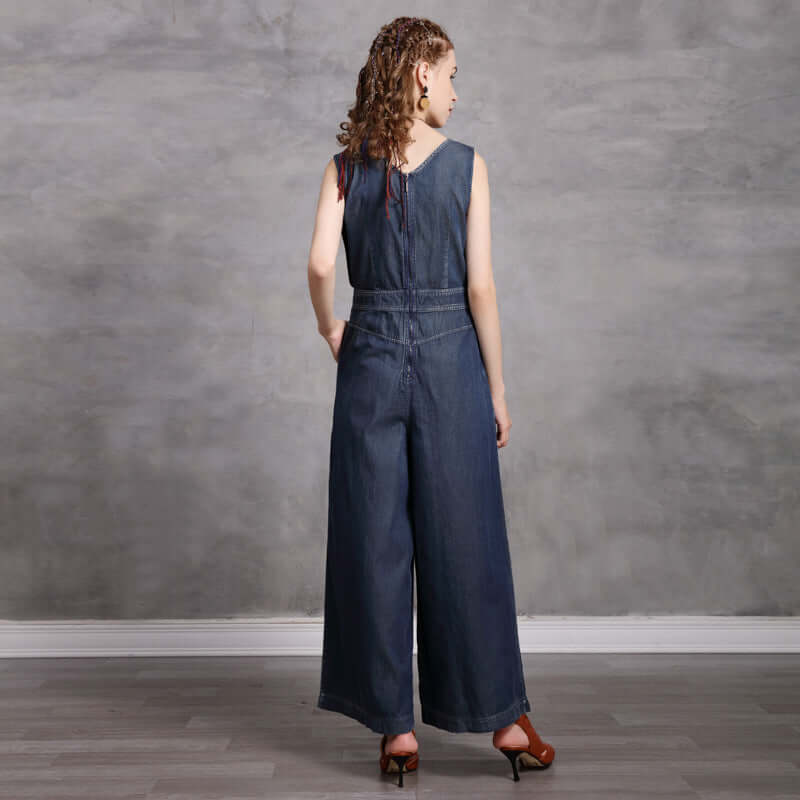 Personalized Women's Spring And Summer New Denim Trousers Retro Embroidery High Waist Jumpsuit. Cotton,Denim,Jumpsuit