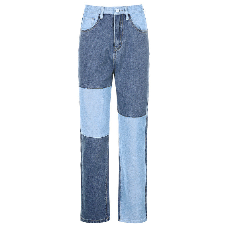 New Women's High-Waisted Slim Color Matching Straight-leg Jeans. Cotton,Denim,Loose,Patch