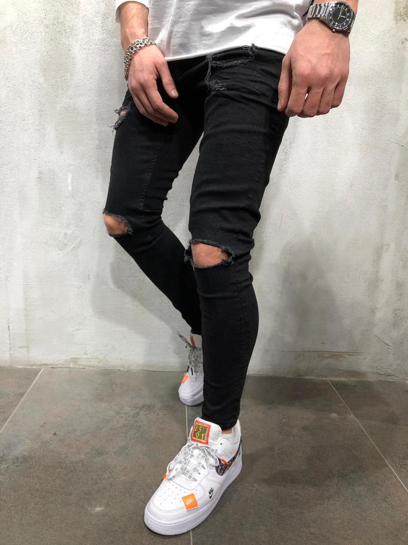 New Black Small Feet Jeans Men's Ripped Straight Leg Jeans.