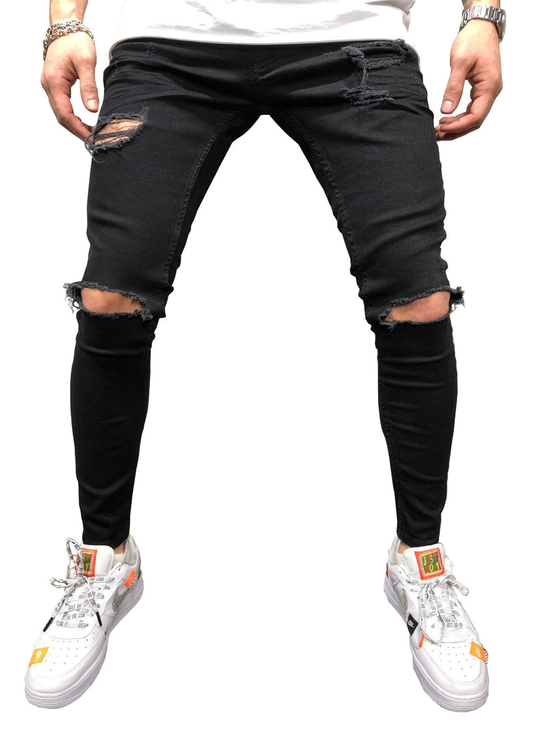 New Black Small Feet Jeans Men's Ripped Straight Leg Jeans.