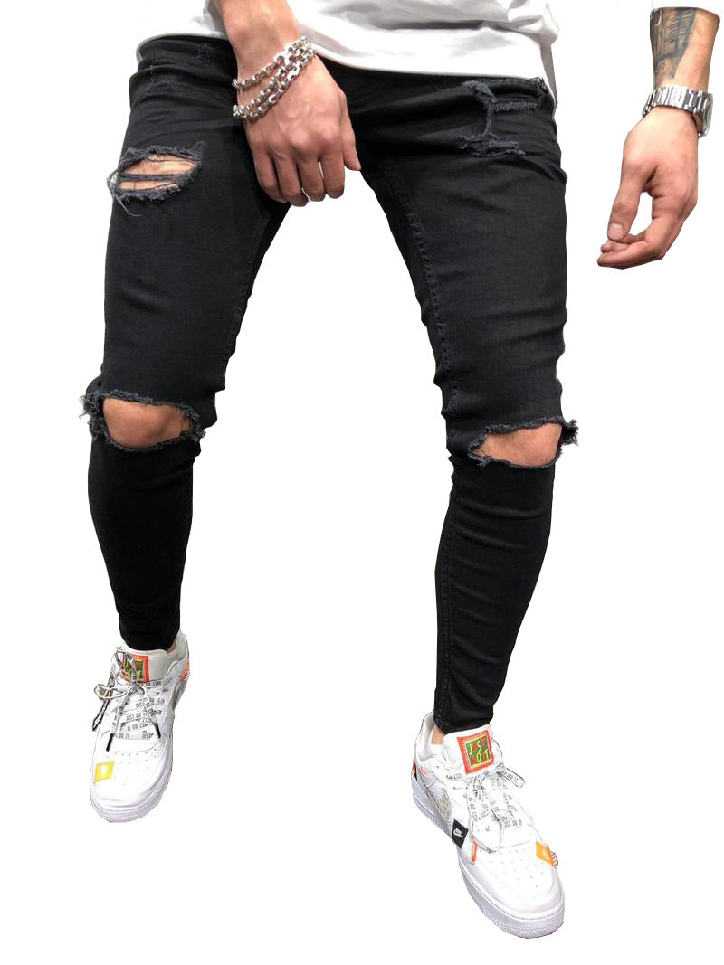 New Black Small Feet Jeans Men's Ripped Straight Leg Jeans.