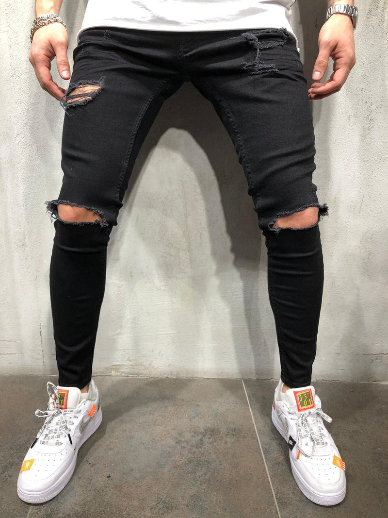 New Black Small Feet Jeans Men's Ripped Straight Leg Jeans.