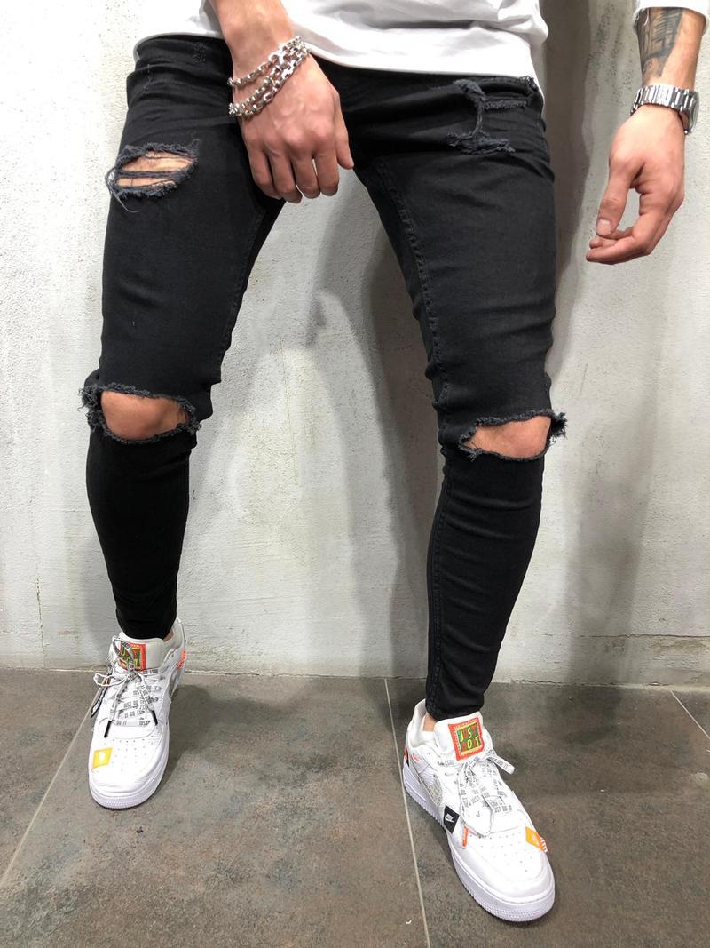 New Black Small Feet Jeans Men's Ripped Straight Leg Jeans.