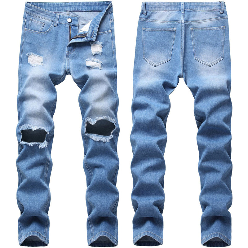 New Black Small Feet Jeans Men's Ripped Straight Leg Jeans.