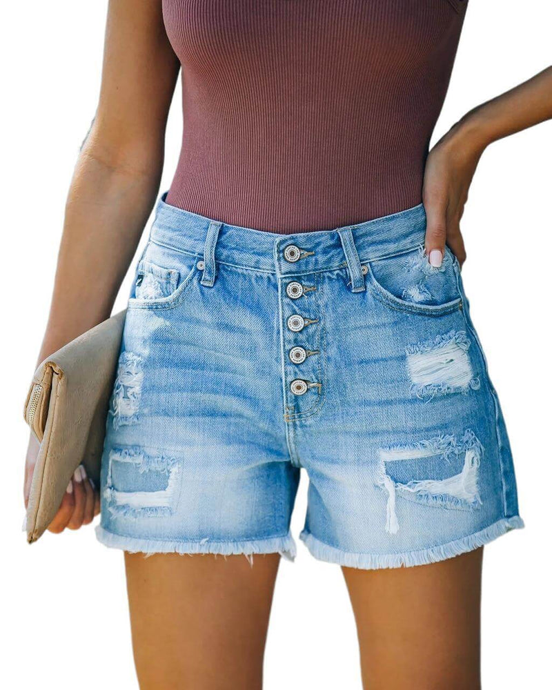 Summer Casual Denim Straight Leg Pants High Waist Denim Shorts. Cotton,Denim,Shorts