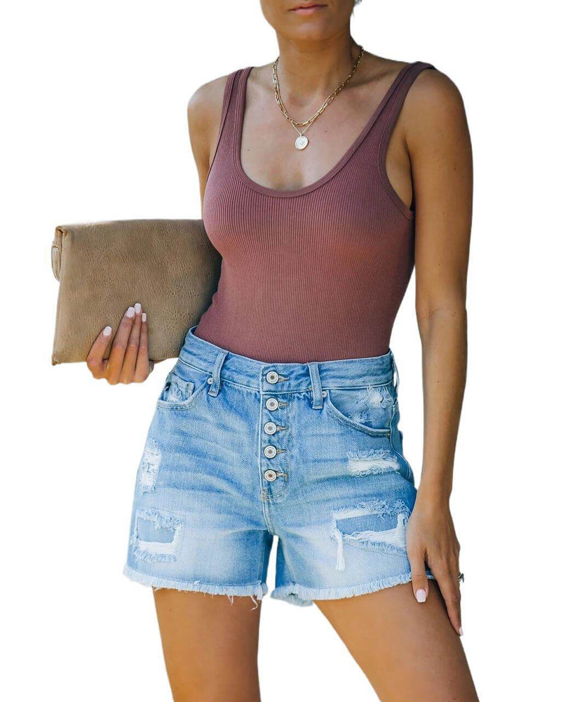 Summer Casual Denim Straight Leg Pants High Waist Denim Shorts. Cotton,Denim,Shorts