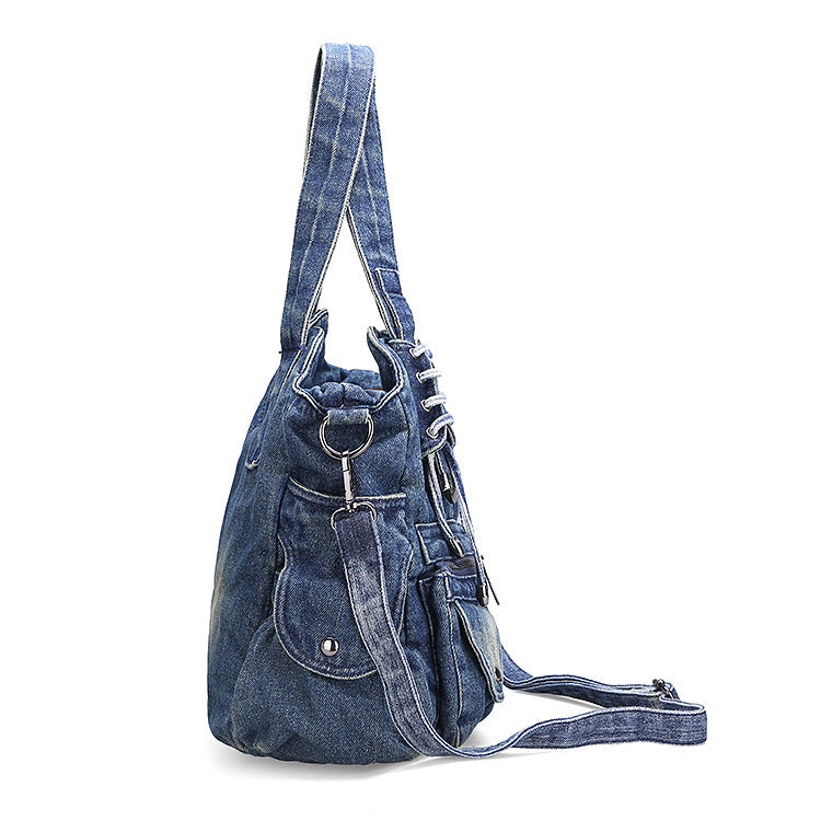 Leisure Fashion Big Denim Shoulder Bag. Bag,Cotton,Denim,Pockets