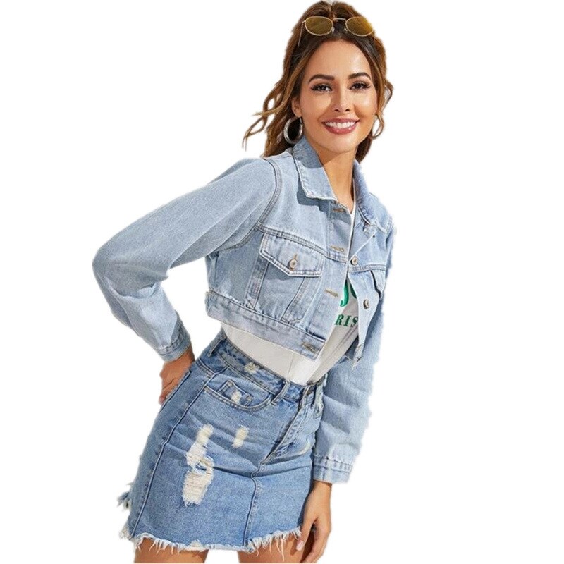 Ladies Fashion Lapel Short Denim Jacket. Cotton,Denim,Jacket