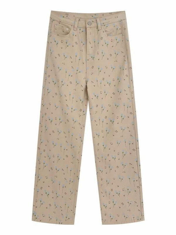 Apricot Floral Jeans Women Loose Wide-leg Straight Trousers